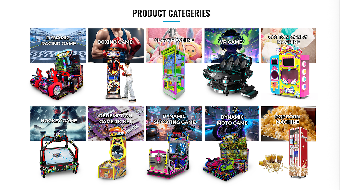 Funtime product categories including racing, boxing, claw, VR, hockey, redemption and shooting games