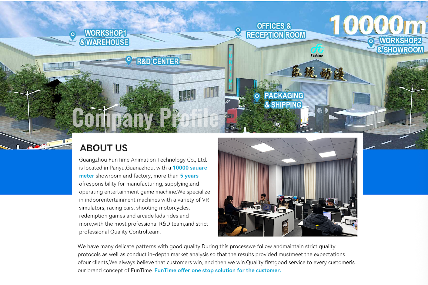 Funtime factory, showroom, R&D center, packaging and shipping facilities
